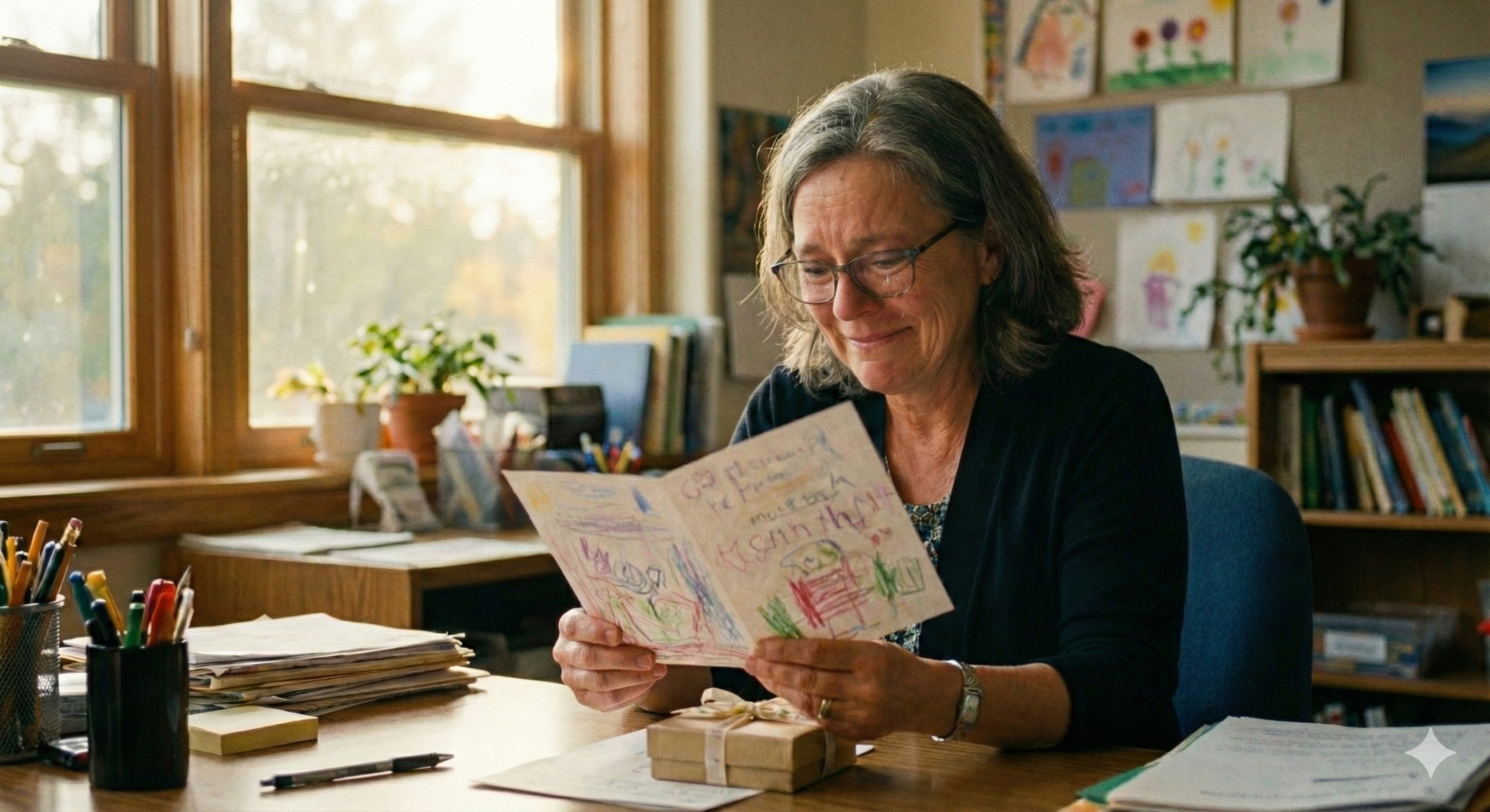 Happy teacher reading a card with emotion