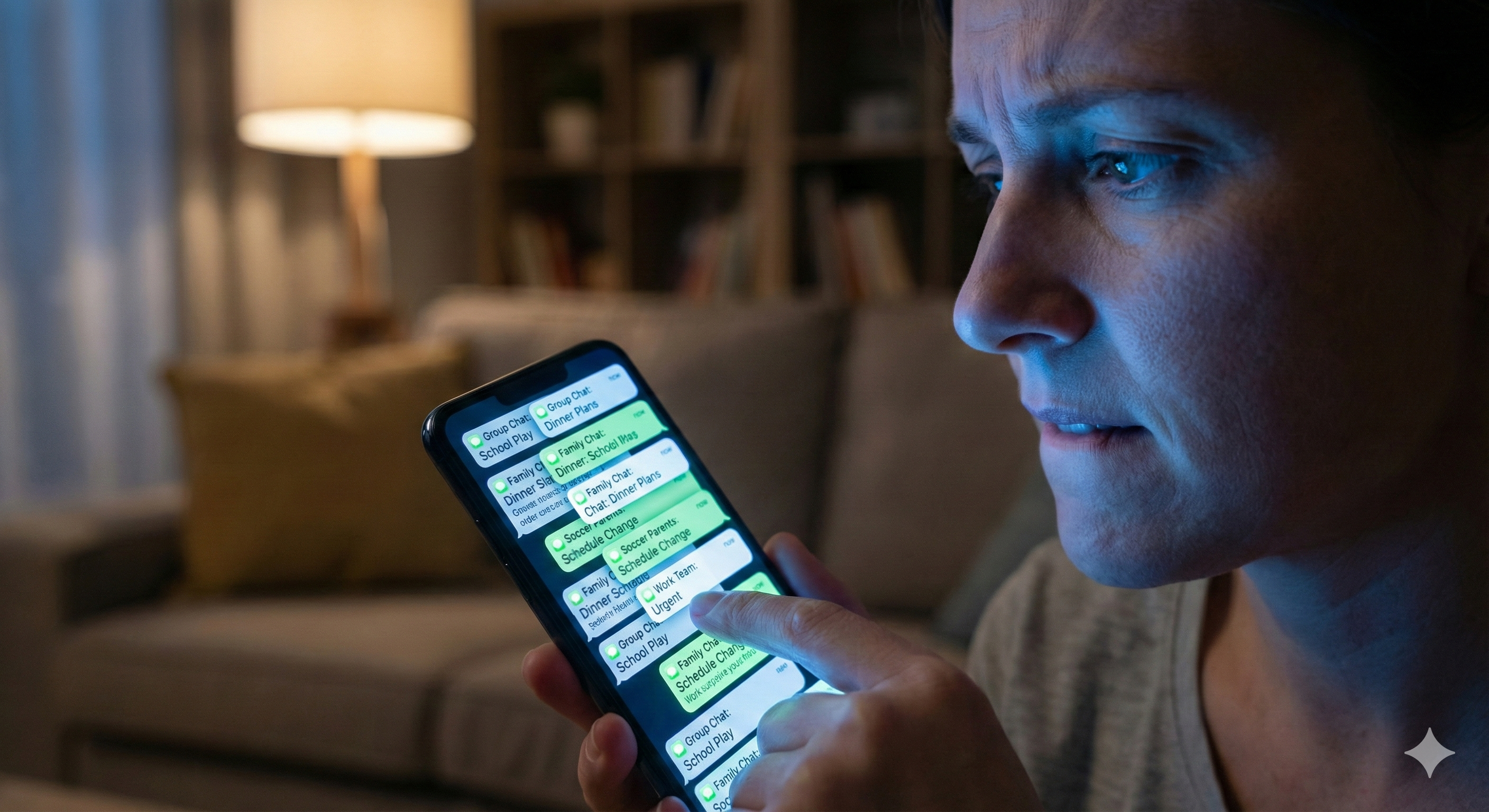 Stressed parent looking at phone notifications